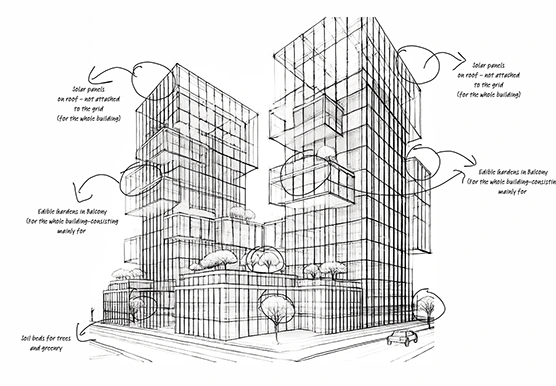 Sketch of a speculative Solarpunk Karachi building with balcony gardens and rooftop solar panels