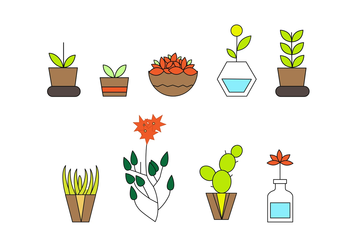 Nine flat plant icons in pots